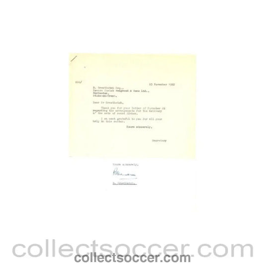 1962 - Letter from B. Greatbatch Josiah Wedgwood & Sons Ltd., originally signed, of 22/11/1962 to Alan Hardaker Secretary of The Football League and his reply - Collect Soccer