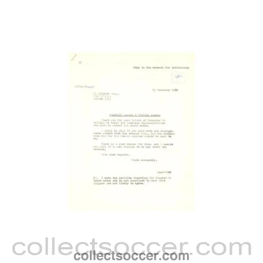 1962 - Letter from BBC, originally signed by B. Kingdom, of 12/11/1962 to FL - Collect Soccer