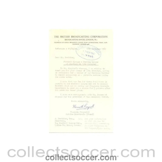 1962 - Letter from BBC, originally signed by Kenneth Pragnell Outside Broadcasts, of 16/11/1962 to FL - Collect Soccer