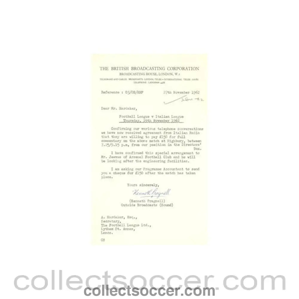 1962 - Letter from BBC, originally signed by Kenneth Pragnell Outside Broadcasts, of 27/11/1962 to FL - Collect Soccer