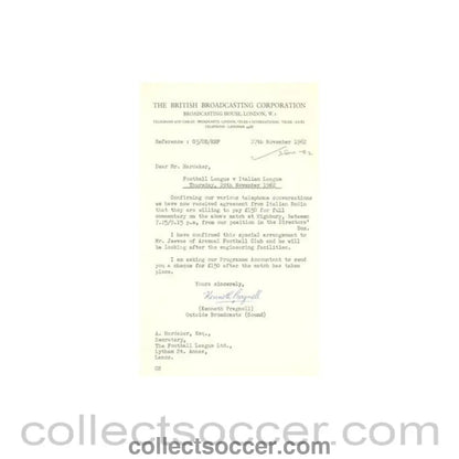 1962 - Letter from BBC, originally signed by Kenneth Pragnell Outside Broadcasts, of 27/11/1962 to FL - Collect Soccer