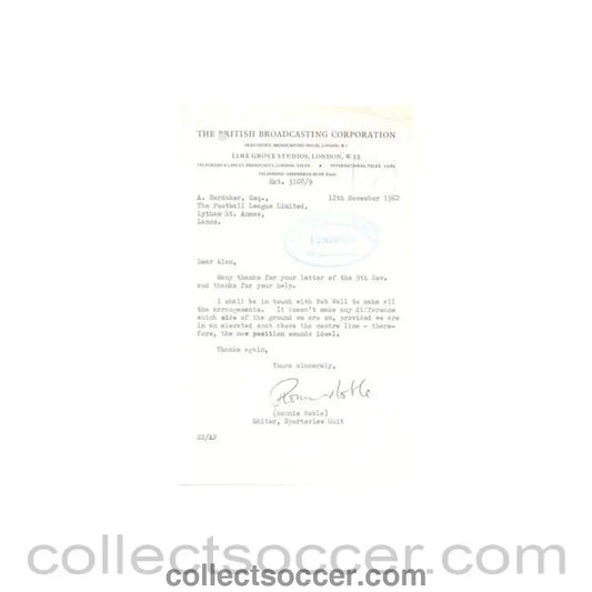 1962 - Letter from BBC, originally signed by Ronnie Noble Editor Sportsview Unit, of 12/11/1962 to FL - Collect Soccer