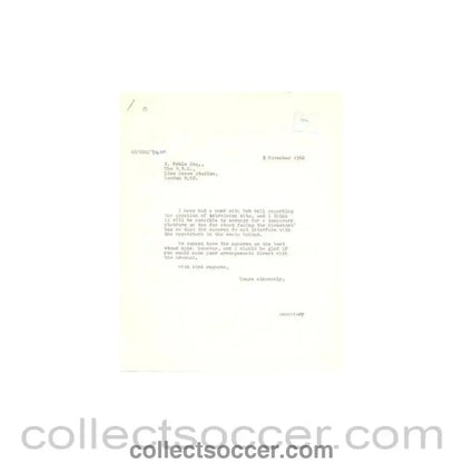 1962 - Letter from BBC, originally signed by Ronnie Noble Editor Sportview Unit, of 06/11/1962, to FL - Collect Soccer