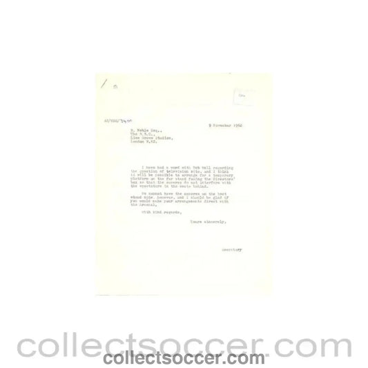 1962 - Letter from BBC, originally signed by Ronnie Noble Editor Sportview Unit, of 06/11/1962, to FL - Collect Soccer