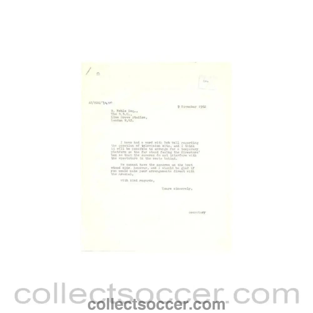 1962 - Letter from BBC, originally signed by Ronnie Noble Editor Sportview Unit, of 06/11/1962, to FL - Collect Soccer