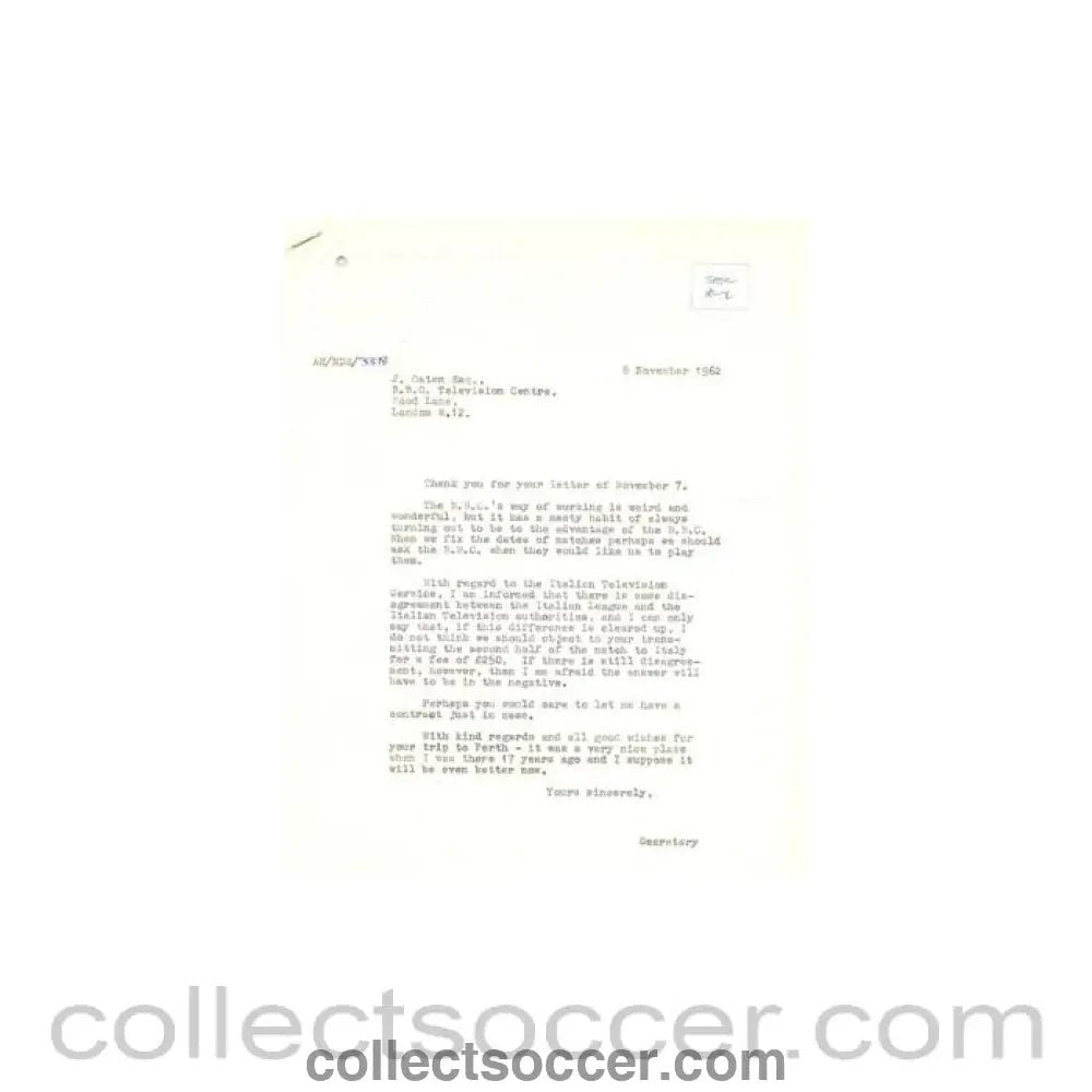 1962 - Letter from BBC TV Centre, originally signed by Jack Oaten, of 07/11/1962 - Collect Soccer