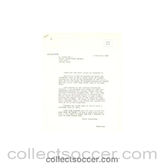 1962 - Letter from BBC TV Centre, originally signed by Jack Oaten, of 07/11/1962 - Collect Soccer