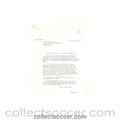 1962 - Letter from BBC TV Centre, originally signed by Jack Oaten, of 07/11/1962 - Collect Soccer