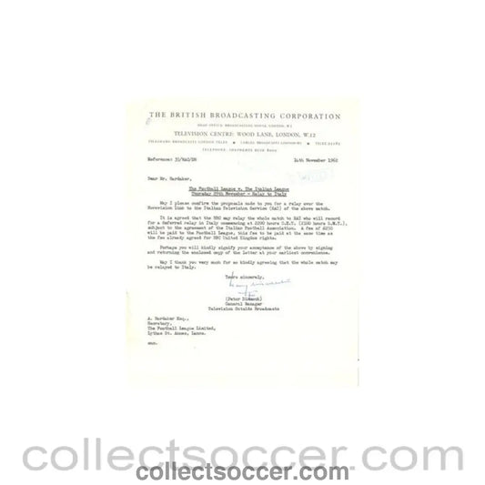 1962 - Letter from BBC TV Centre, originally signed by Peter Dimmock General Manager TV Outside Broadcasts, of 14/11/1962 - Collect Soccer