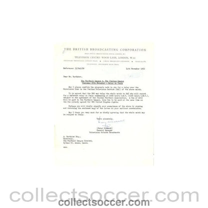 1962 - Letter from BBC TV Centre, originally signed by Peter Dimmock General Manager TV Outside Broadcasts, of 14/11/1962 - Collect Soccer