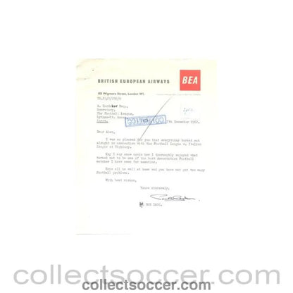 1962 - Letter from British European Airways, originally signed by Bob Dagg, of 07/12/1962 to Alan Hardaker Secretary of The Football League - Collect Soccer