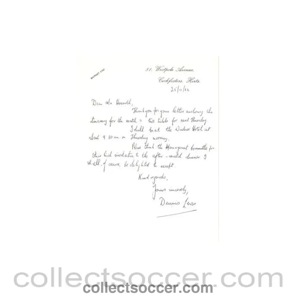 1962 - Letter from Dennis Lewis of 25/11/1962, originally signed by him, to Alan Hardaker Secretary of The Football League - Collect Soccer