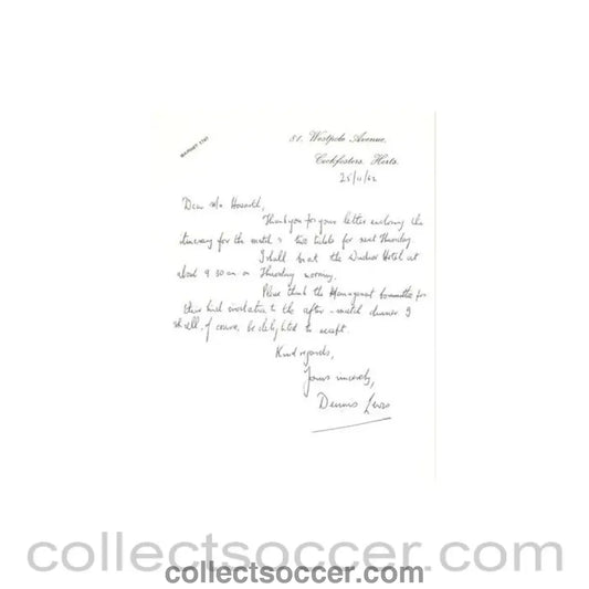1962 - Letter from Dennis Lewis of 25/11/1962, originally signed by him, to Alan Hardaker Secretary of The Football League - Collect Soccer