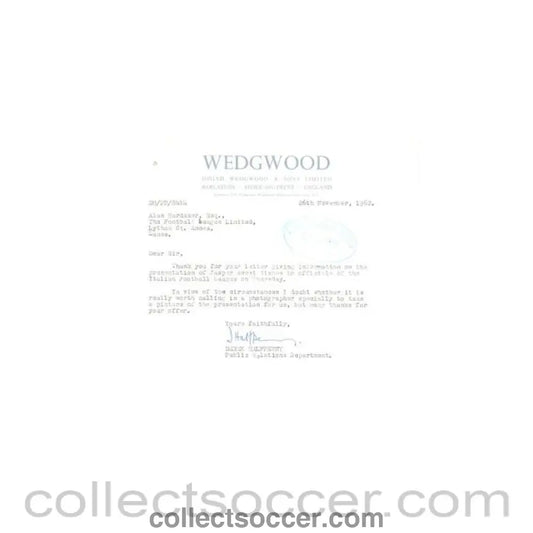 1962 - Letter from Derek Halfpenny Josiah Wedgwood & Sons Ltd., originally signed, of 26/11/1962 to Alan Hardaker Secretary of The Football League - Collect Soccer