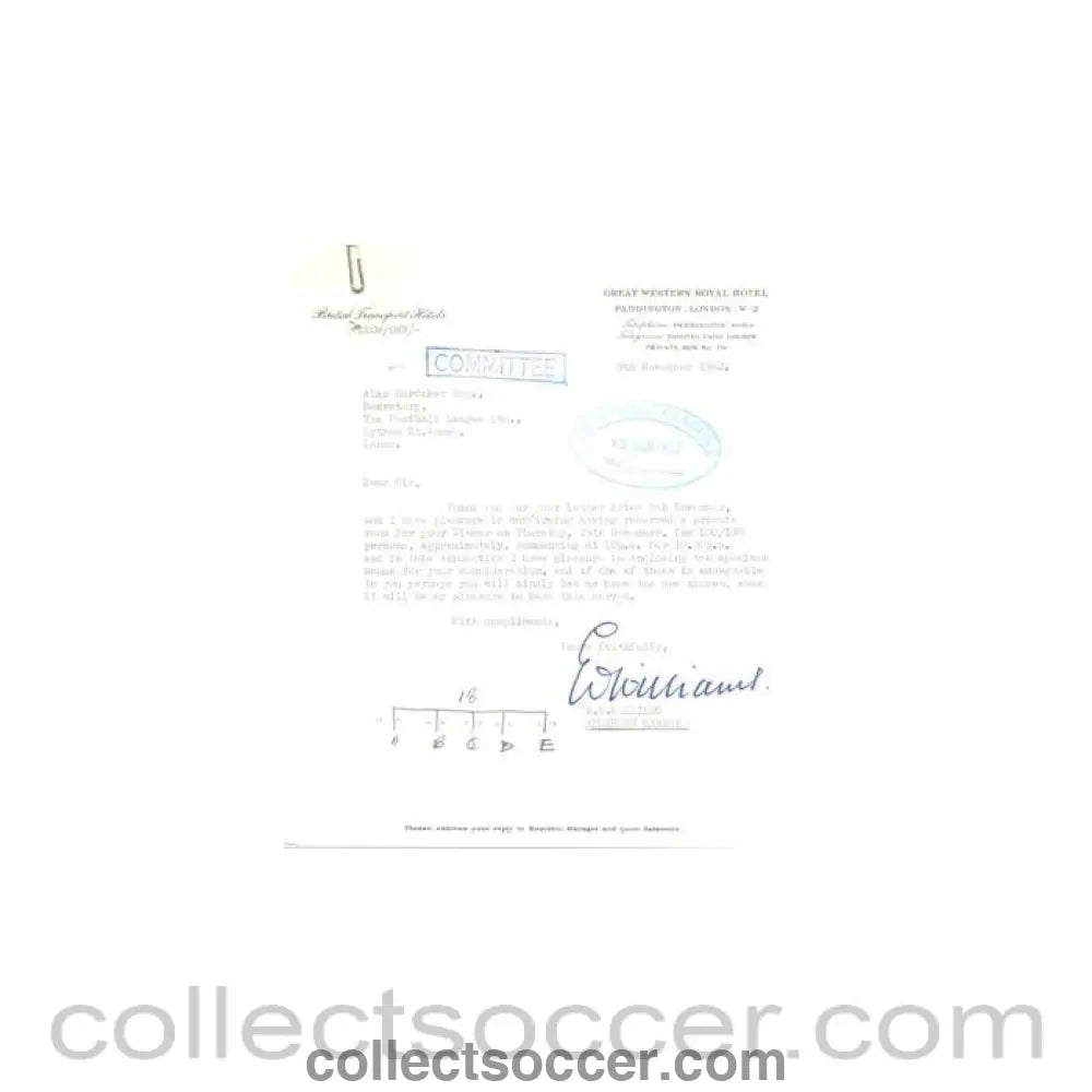 1962 - Letter from Great Western Royal Hotel Paddington London, originally signed, of 09/11/1962 to FL - Collect Soccer