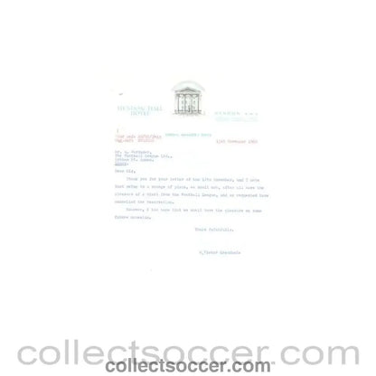 1962 - Letter from Hendon Hall Hotel, London, originally signed, of 13/11/1962 to The Football League about the football match The Football League v The Italian Football League on 29/11/1962 - Collect Soccer