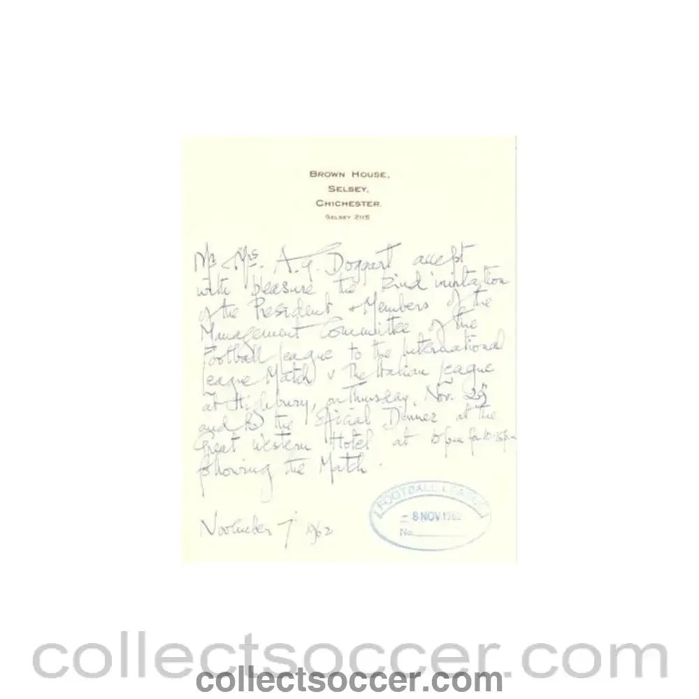 1962 - Letter from Mr. & Mrs. A.G. Doggart of 07/11/1962 to The Football League about the football match The Football League v The Italian Football League on 29/11/1962 - Collect Soccer