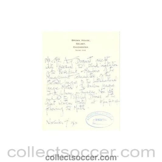 1962 - Letter from Mr. & Mrs. A.G. Doggart of 07/11/1962 to The Football League about the football match The Football League v The Italian Football League on 29/11/1962 - Collect Soccer