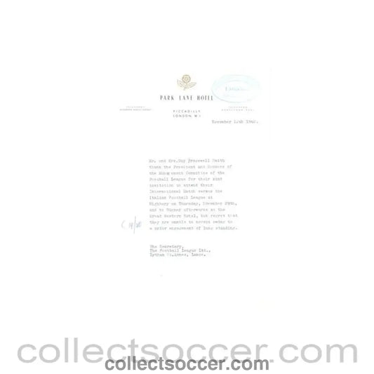 1962 - Letter from Mr. & Mrs. Guy Bracewell Smith of 12/11/1962 to The Football League - Collect Soccer