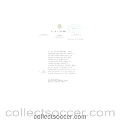 1962 - Letter from Mr. & Mrs. Guy Bracewell Smith of 12/11/1962 to The Football League - Collect Soccer