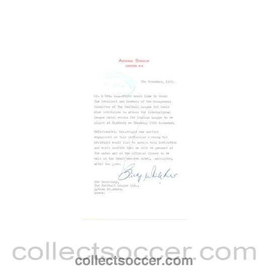 1962 - Letter from Mr. & Mrs. W.A. Wright, originally signed, of 09/11/1962 to The Football League - Collect Soccer