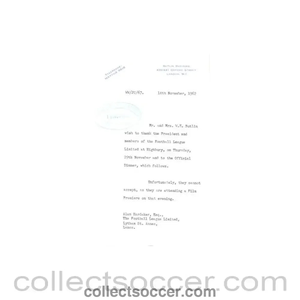 1962 - Letter from Mr. & Mrs. W.E. Butlin of 14/11/1962 to The Football League about the football match The Football League v The Italian Football League on 29/11/1962 - Collect Soccer