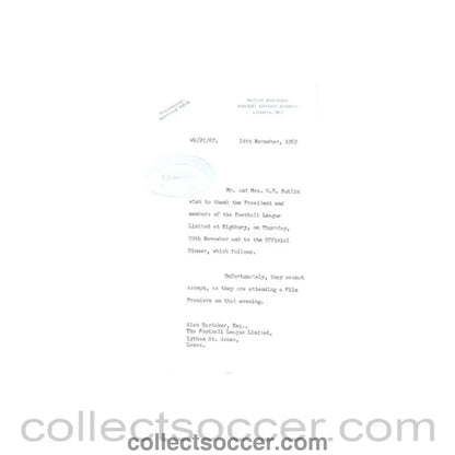 1962 - Letter from Mr. & Mrs. W.E. Butlin of 14/11/1962 to The Football League about the football match The Football League v The Italian Football League on 29/11/1962 - Collect Soccer