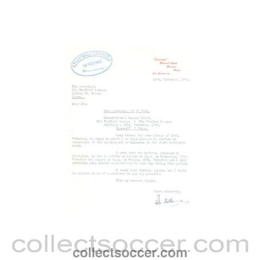 1962 - Letter from N. Matthews, originally signed, of 16/11/1962 to The Football League - Collect Soccer