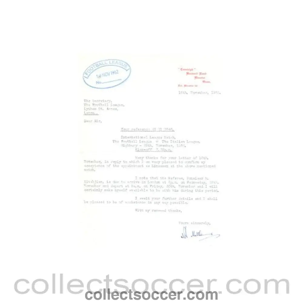 1962 - Letter from N. Matthews, originally signed, of 16/11/1962 to The Football League - Collect Soccer