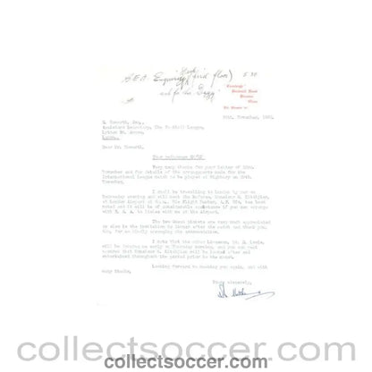 1962 - Letter from N. Matthews, originally signed, of 24/11/1962 to The Football League - Collect Soccer