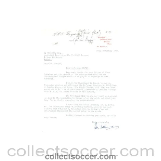 1962 - Letter from N. Matthews, originally signed, of 24/11/1962 to The Football League - Collect Soccer