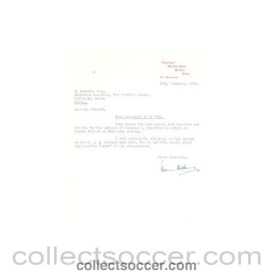 1962 - Letter from N. Matthews, originally signed, of 27/11/1962 to E. Howarth The Football League - Collect Soccer