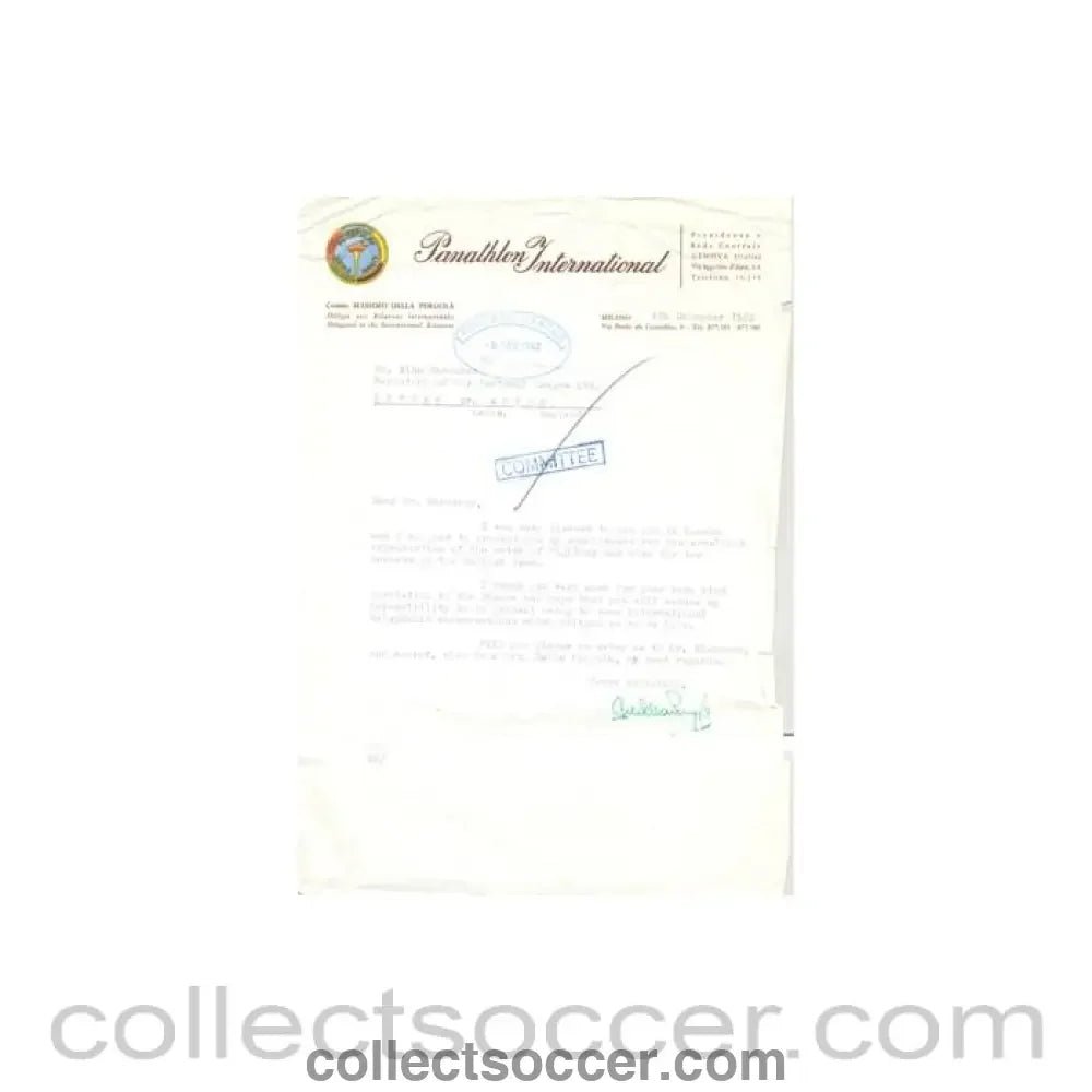 1962 - Letter from Panathlon International, originally signed, of 04/12/1962 to Alan Hardaker Secretary of The Football League - Collect Soccer