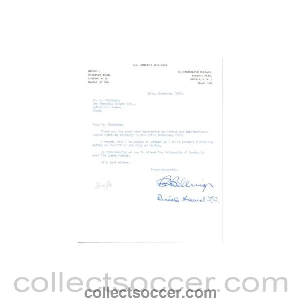 1962 - Letter from Robert I. Bellinger, Sheriff of the City of London, originally signed by him and his Secretary, of 12/11/1962 - Collect Soccer