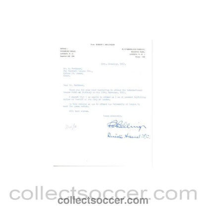1962 - Letter from Robert I. Bellinger, Sheriff of the City of London, originally signed by him and his Secretary, of 12/11/1962 - Collect Soccer