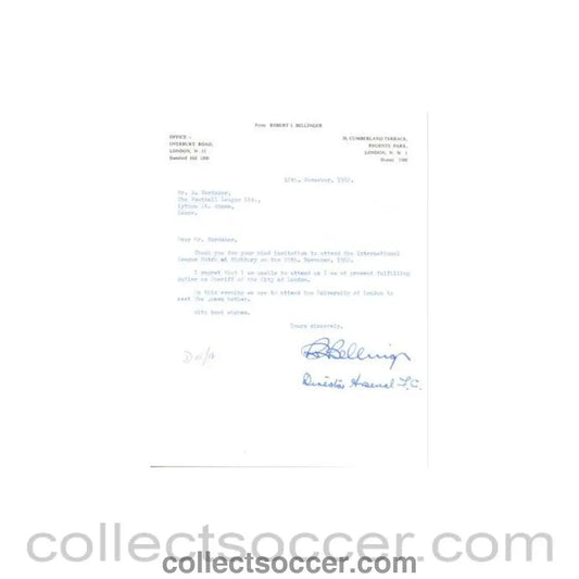 1962 - Letter from Robert I. Bellinger, Sheriff of the City of London, originally signed by him and his Secretary, of 12/11/1962 - Collect Soccer