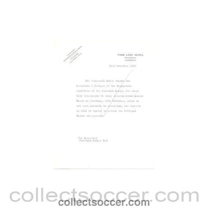 1962 - Letter from Sir Bracewell Smith of 19/11/1962 to The Football League about the football match The Football League v The Italian Football League on 29/11/1962 - Collect Soccer