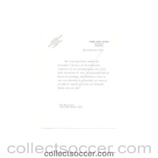 1962 - Letter from Sir Bracewell Smith of 19/11/1962 to The Football League about the football match The Football League v The Italian Football League on 29/11/1962 - Collect Soccer