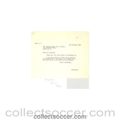 1962 - Letter from Sir Stanley Rous, Federation Internationale de Football Association, originally signed by him, of 24/11/1962 - Collect Soccer