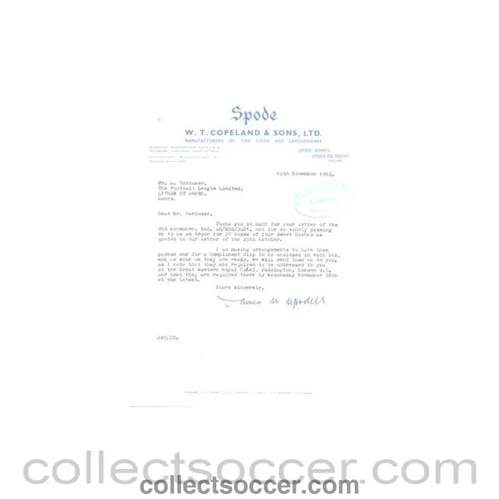 1962 - Letter from Spode W.T. Copeland & Sons Ltd., originally signed, of 12/11/1962 to Alan Hardaker Secretary of The Football League - Collect Soccer