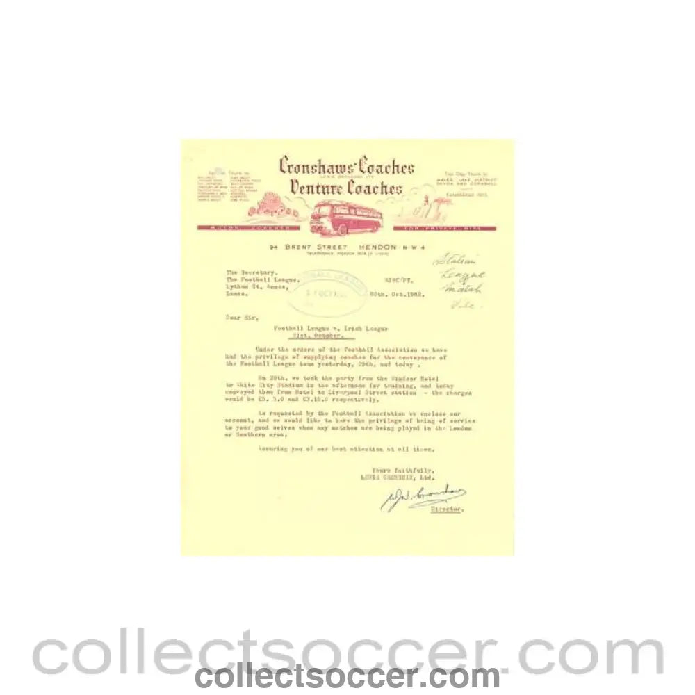1962 - Letter from the Director of Cronshaw’s Coaches of 30/10/1962 originally signed by the Director Lewis Cronshaw to