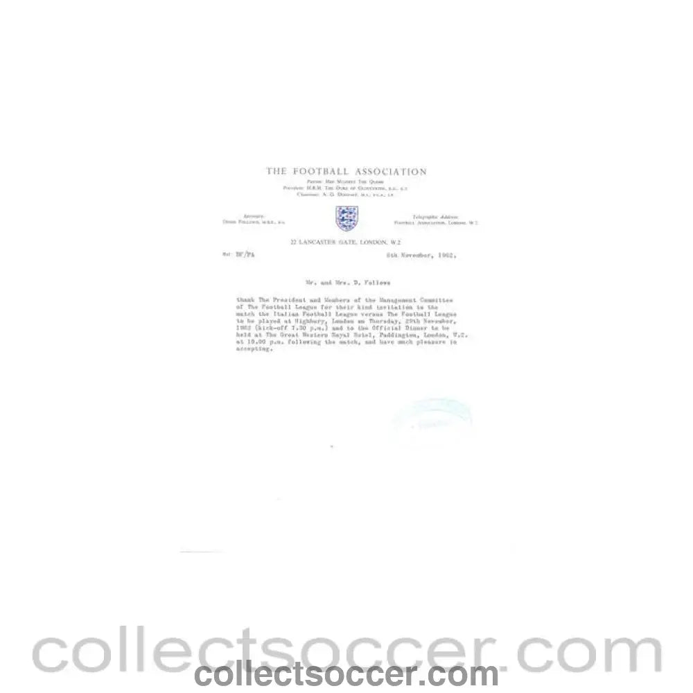 1962 - Letter from the F.A. Mr. & Mrs. Follows of 08/11/1962 to The Football League - Collect Soccer