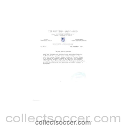 1962 - Letter from the F.A. Mr. & Mrs. Follows of 08/11/1962 to The Football League - Collect Soccer
