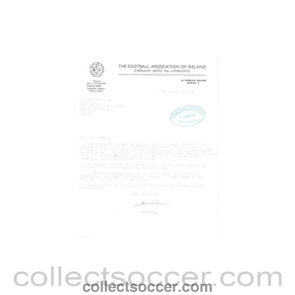 1962 - Letter from The F.A. of Ireland Dublin, originally signed, of 17/11/1962 to FL - Collect Soccer