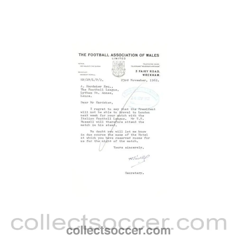1962 - Letter from The F.A. of Wales, originally signed, of 23/11/1962 to FL - Collect Soccer
