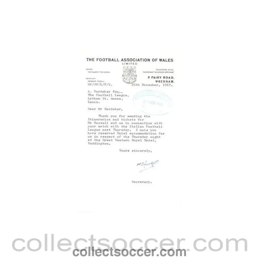 1962 - Letter from The F.A. of Wales, originally signed, of 26/11/1962 to FL - Collect Soccer