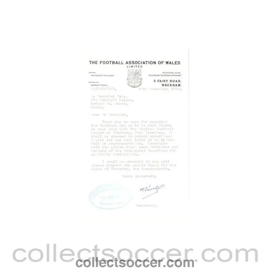 1962 - Letter from the F.A. of Wales, originally signed by the Secretary, of 13/11/1962 to Alan Hardaker of The Football League - Collect Soccer