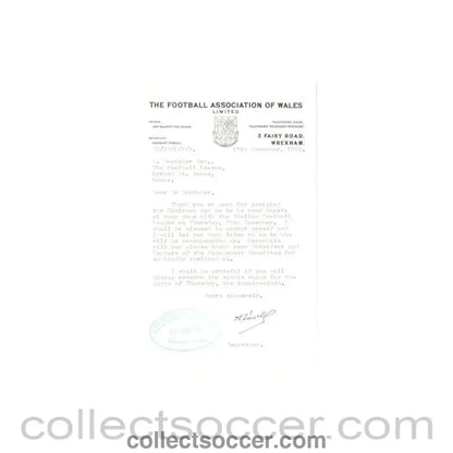 1962 - Letter from the F.A. of Wales, originally signed by the Secretary, of 13/11/1962 to Alan Hardaker of The Football League - Collect Soccer
