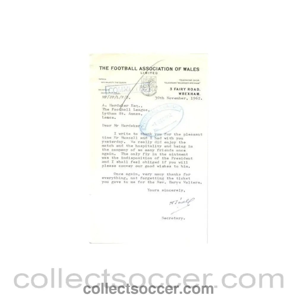 1962 - Letter from The F.A. of Wales, originally signed by the Secretary, of 30/11/1962 to Alan Hardaker Secretary of The Football League - Collect Soccer