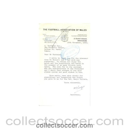 1962 - Letter from The F.A. of Wales, originally signed by the Secretary, of 30/11/1962 to Alan Hardaker Secretary of The Football League - Collect Soccer